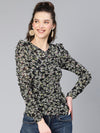 Women black floral polyester print garthered top