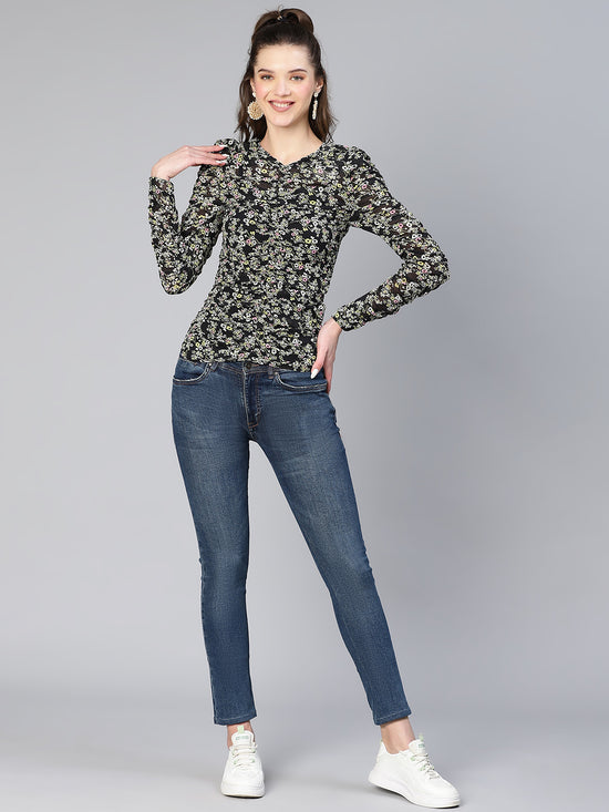 Women black floral polyester print garthered top