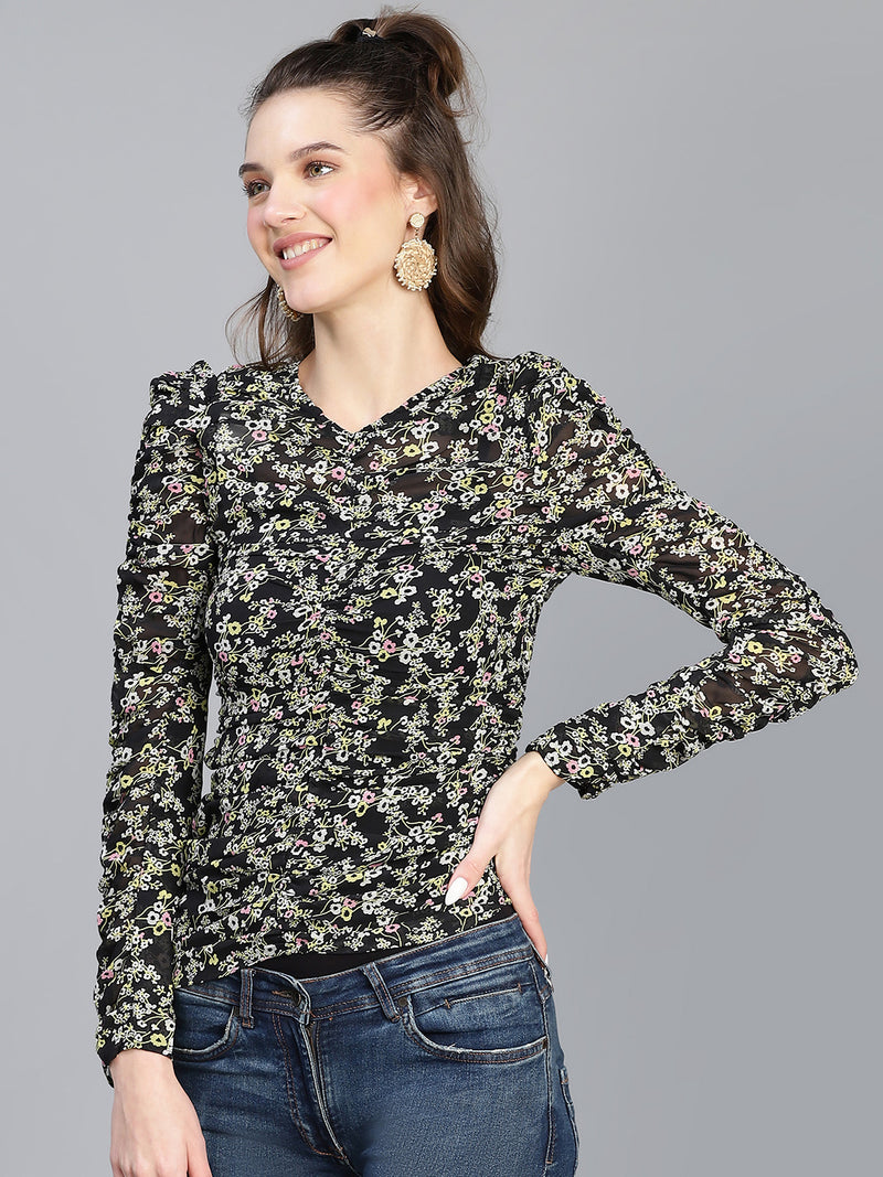 Women black floral polyester print garthered top