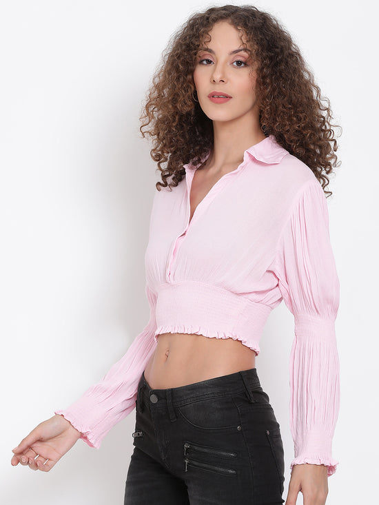 Women solid pink smocked viscose crop top