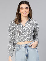 Surprised Grey Floral Print Smocked Women Crop Top