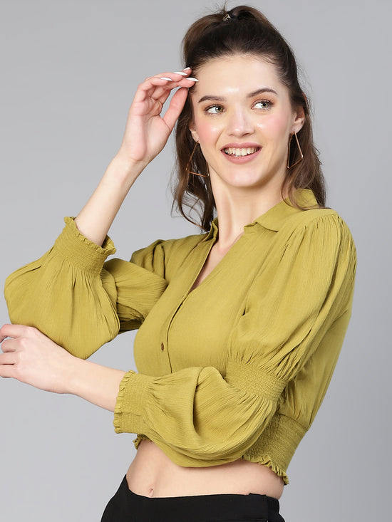 Women solid olive smocked viscose crop top