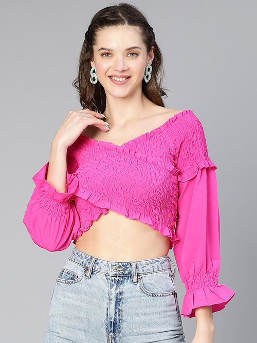 Fluroscent Pink Smocked Off -Shoulder Women Top