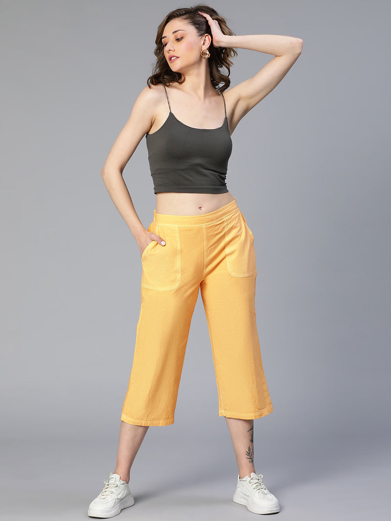 Women solid yellow washed elasticated cotton culottes