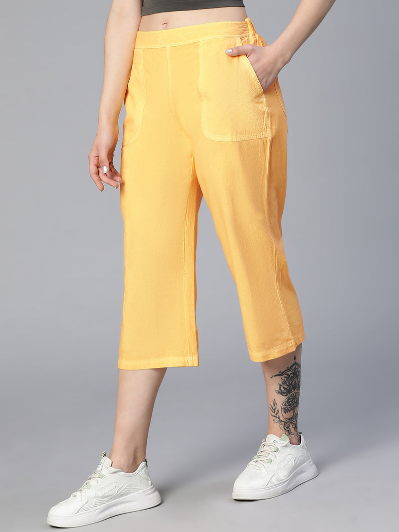 Women solid yellow washed elasticated cotton culottes