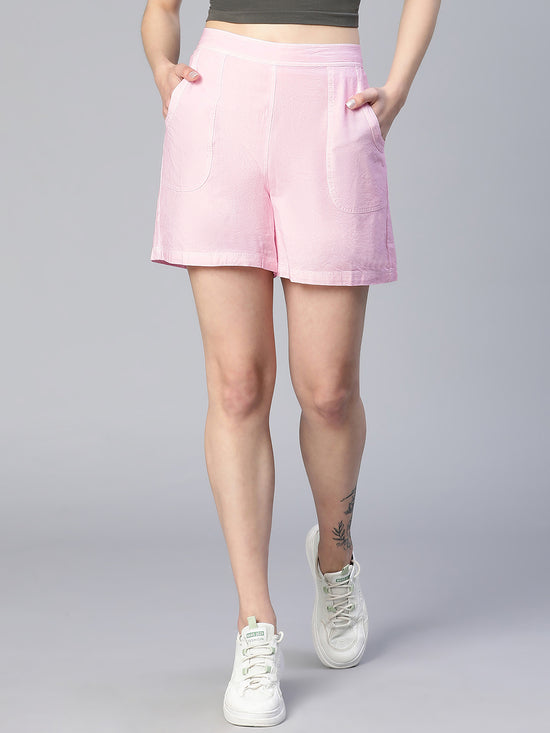 Ornate Pink Elasticated Women Cotton Shorts