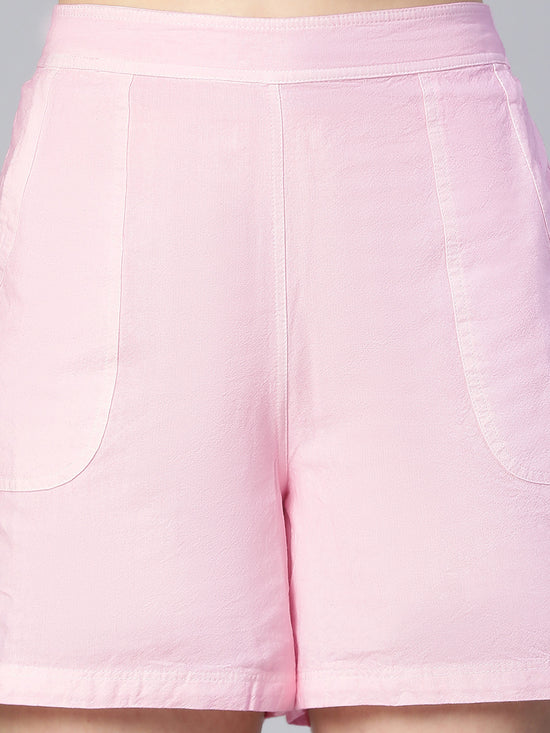 Ornate Pink Elasticated Women Cotton Shorts