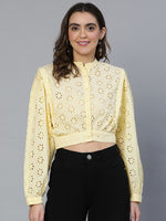 Loaded Yellow Schiffli Women Cotton Crop Shirt