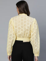 Loaded Yellow Schiffli Women Cotton Crop Shirt