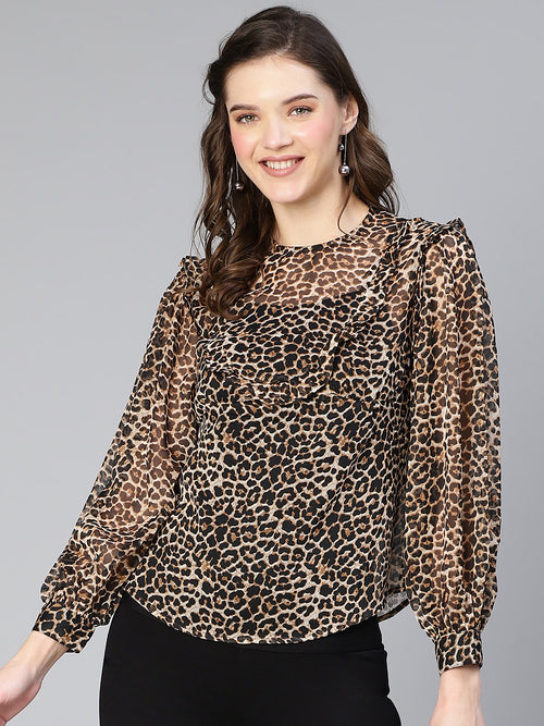 Drak Brown Animal Print Ruffled Women Top