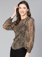 Drak Brown Animal Print Ruffled Women Top