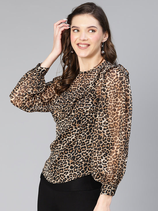 Drak Brown Animal Print Ruffled Women Top