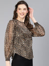 Drak Brown Animal Print Ruffled Women Top