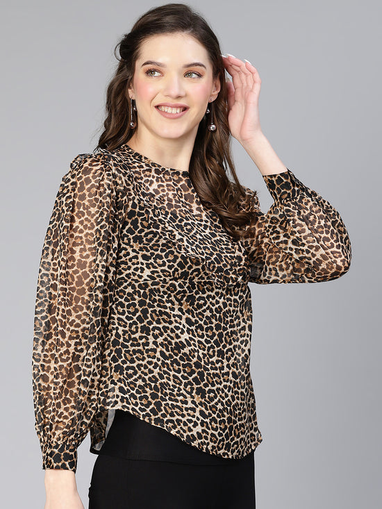 Drak Brown Animal Print Ruffled Women Top