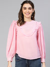 Smooth Pink Ruffled Long Sleeved Women Top