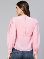 Smooth Pink Ruffled Long Sleeved Women Top