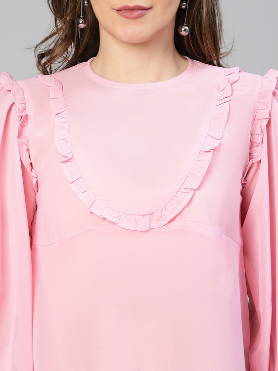 Smooth Pink Ruffled Long Sleeved Women Top