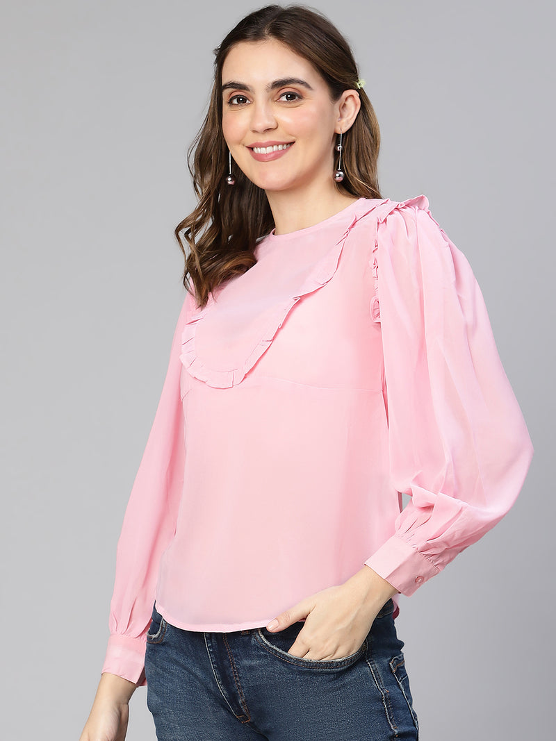 Women solid pink ruffled long sleeved polyester top