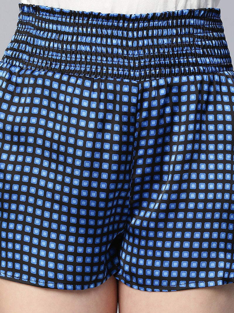 Women navy check satin print elasticated nightwear shorts
