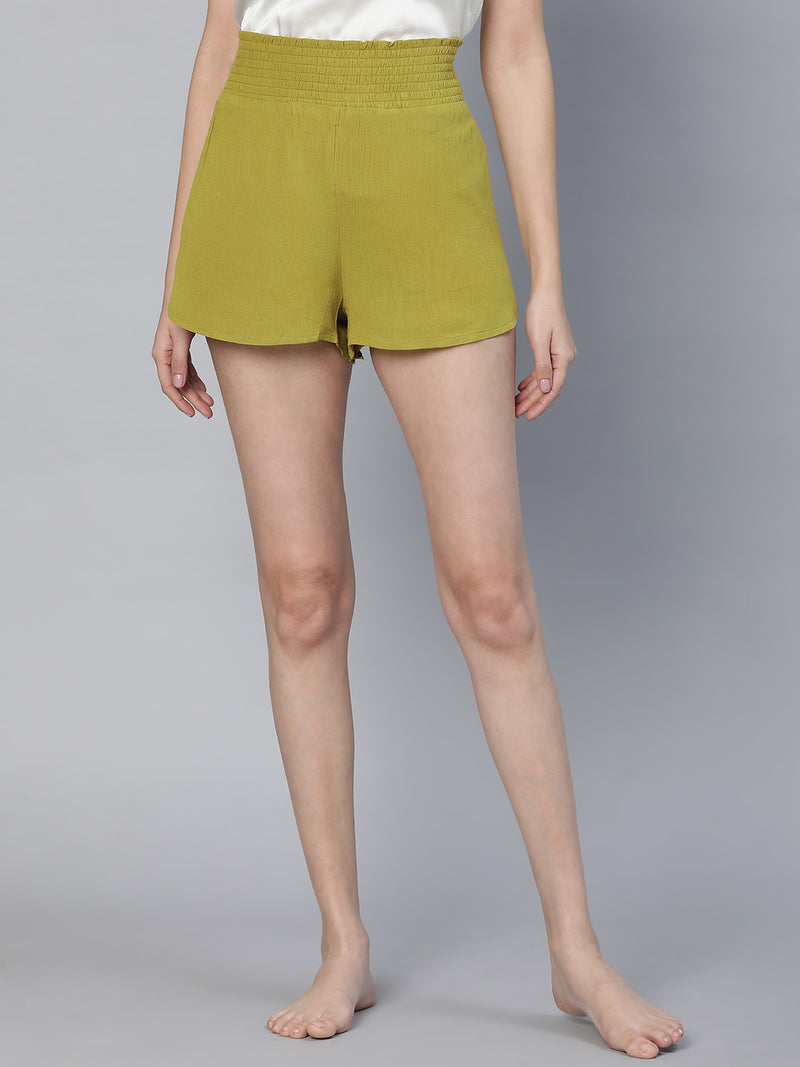 Tangle Oilve Color Elasticated High Waist Women Nightwear Shorts