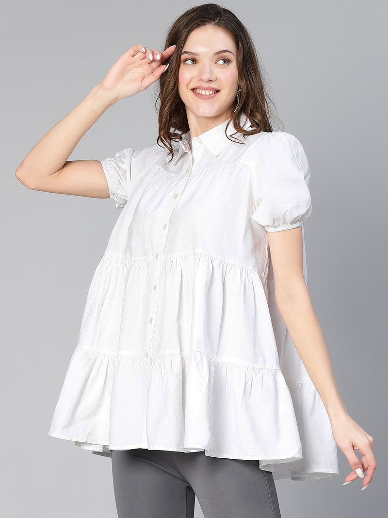 All Day White Button - Down Collred Women Cotton Tunic
