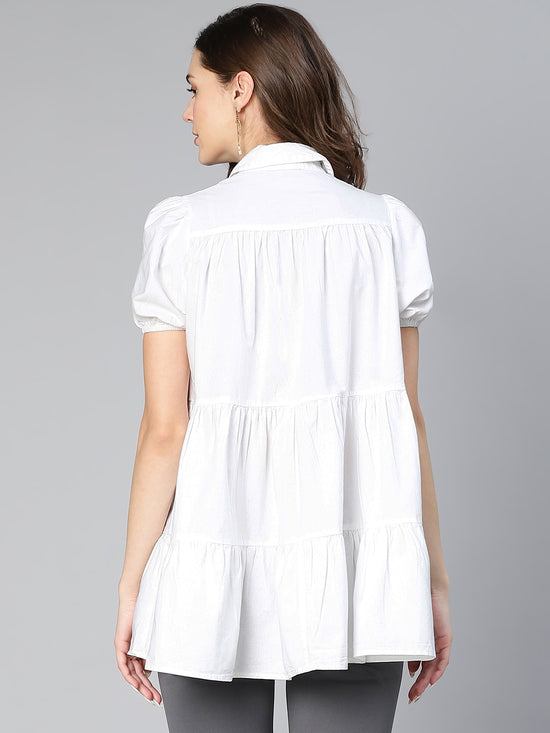 All Day White Button - Down Collred Women Cotton Tunic