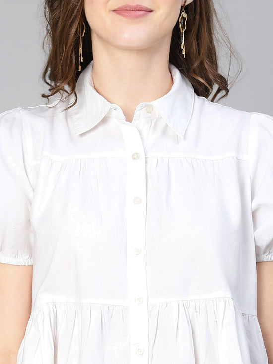 All Day White Button - Down Collred Women Cotton Tunic