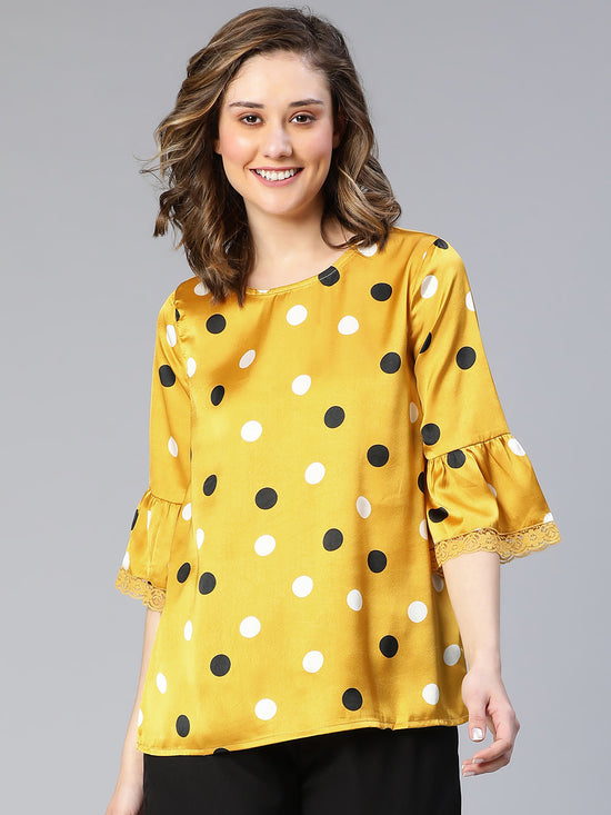 Chilled Yellow Polka Print Bell Sleeve Women Nightwear Top