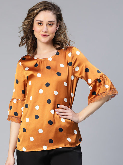 Silked Brown Polka Print Bell Sleeve Women Nightwear Top