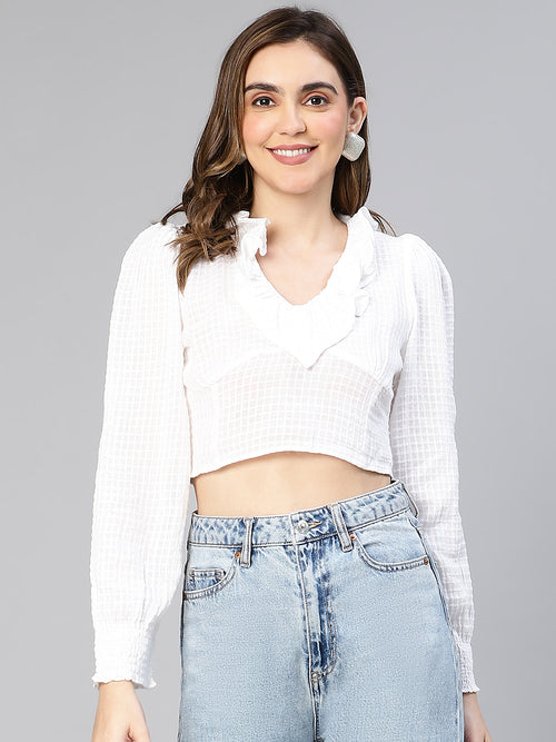 Molded White Ruffled & Smocked Women Cotton Crop Top