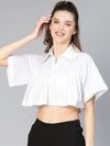 Feather White Collared & Flared Women Cotton Crop Top