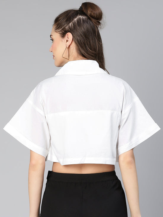 Feather White Collared & Flared Women Cotton Crop Top