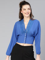 Sea Saw Blue Buttoned & Laced Women Casual Top