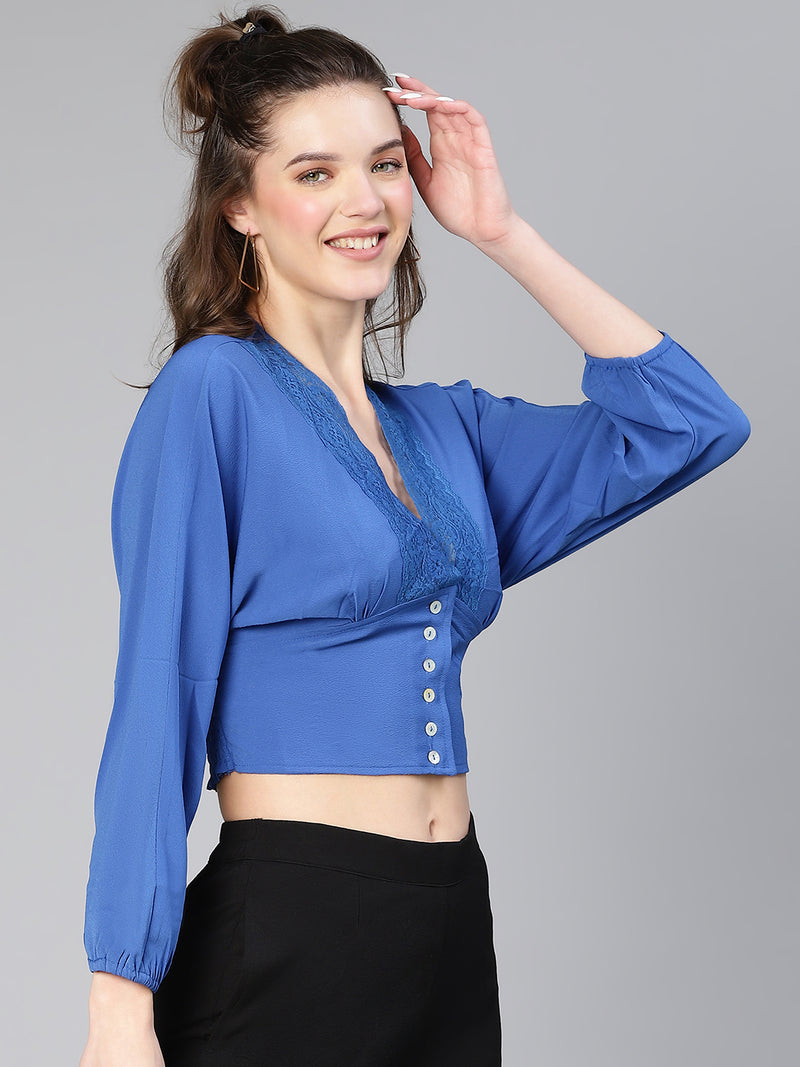 Sea Saw Blue Buttoned & Laced Women Casual Top
