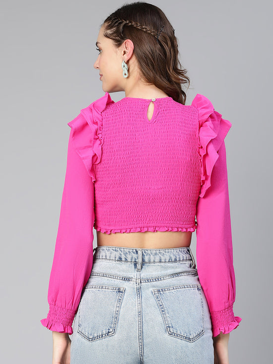 Yo Yo Pink Ruffled & Smocked Women Casual Crop Top