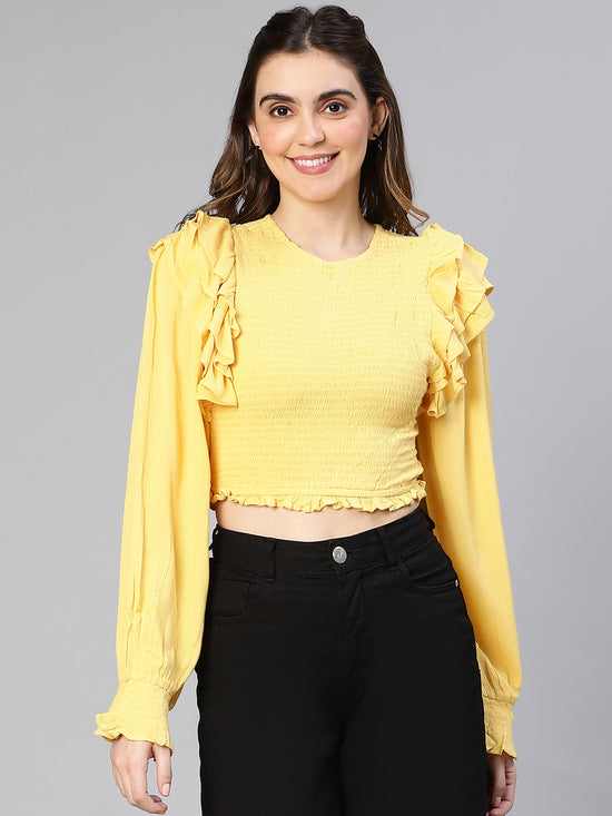 Sunbeam Yellow Ruffled & Smocked Women Casual Crop Top