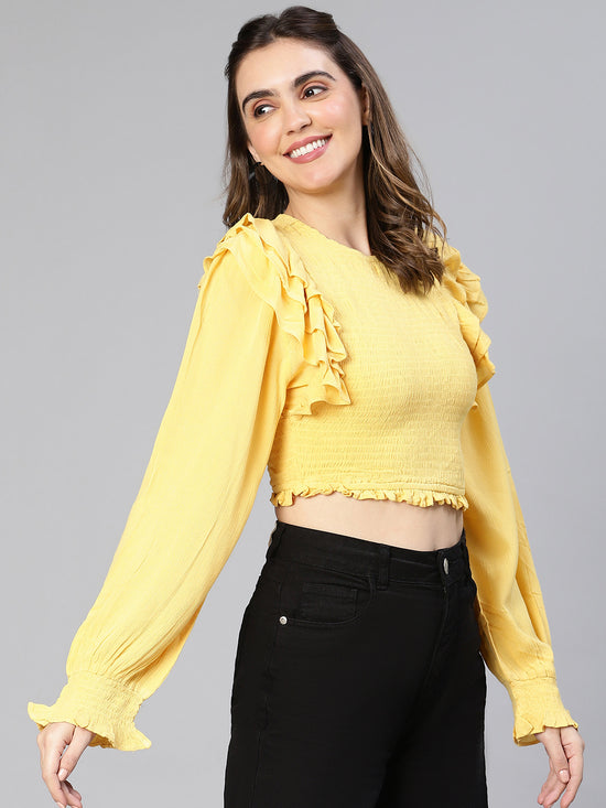 Sunbeam Yellow Ruffled & Smocked Women Casual Crop Top