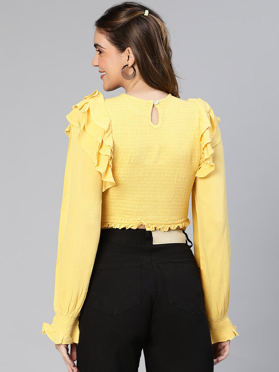 Sunbeam Yellow Ruffled & Smocked Women Casual Crop Top