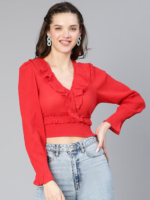 Forth Red Ruffled & Smocked Women Partywear Cotton Crop Top