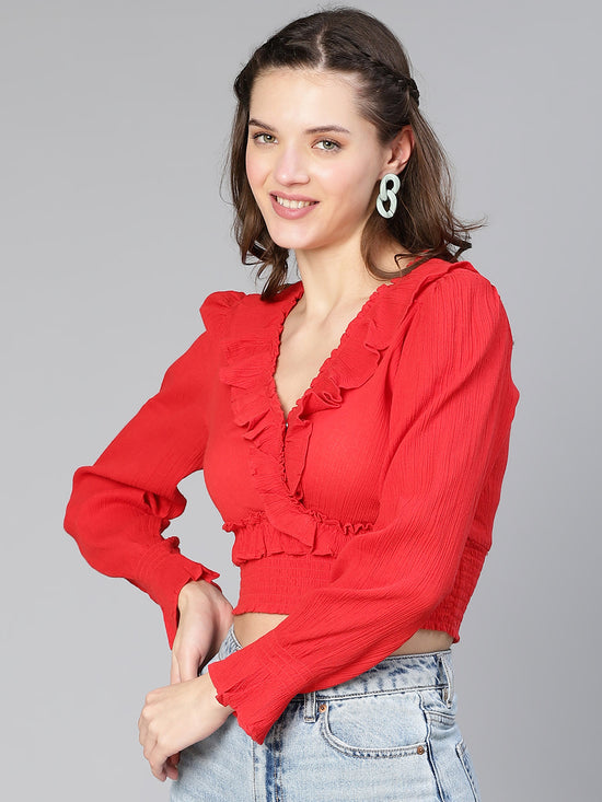 Forth Red Ruffled & Smocked Women Partywear Cotton Crop Top