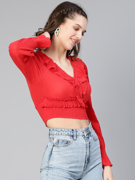 Forth Red Ruffled & Smocked Women Partywear Cotton Crop Top