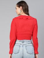 Forth Red Ruffled & Smocked Women Partywear Cotton Crop Top