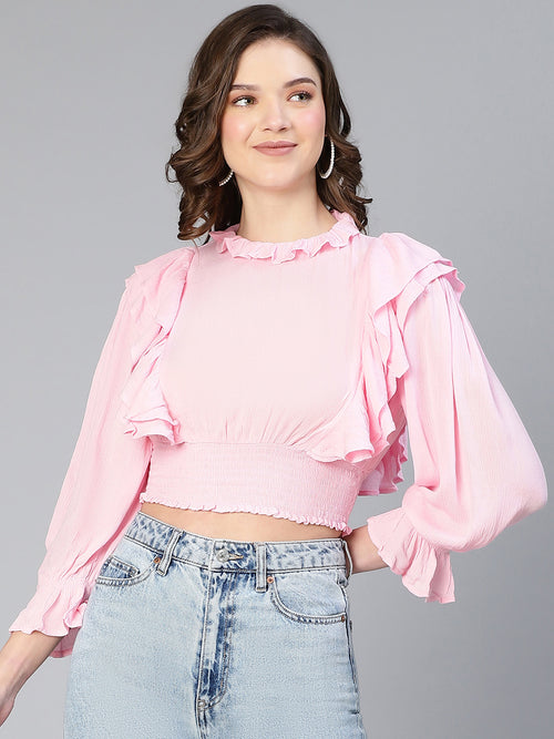 Wink Pink Ruffled Long Sleeve Women Casual Crop Top