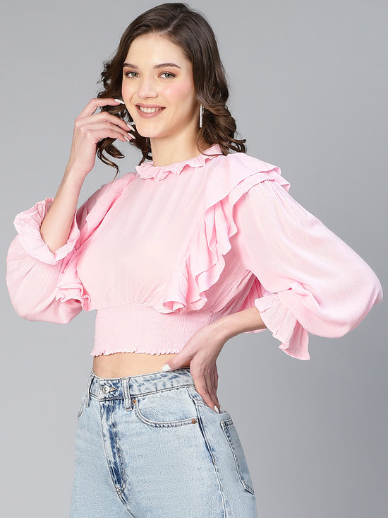 Wink Pink Ruffled Long Sleeve Women Casual Crop Top