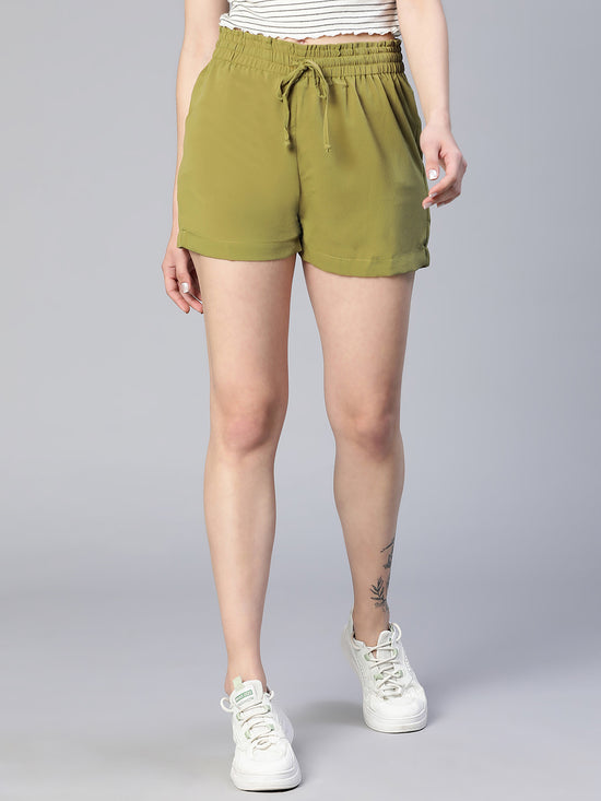 Soild Khaki Elasticated Tie-Knot Women Casaul Shorts