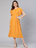 Women solid mustard color soild long gathered pleats vicose dress