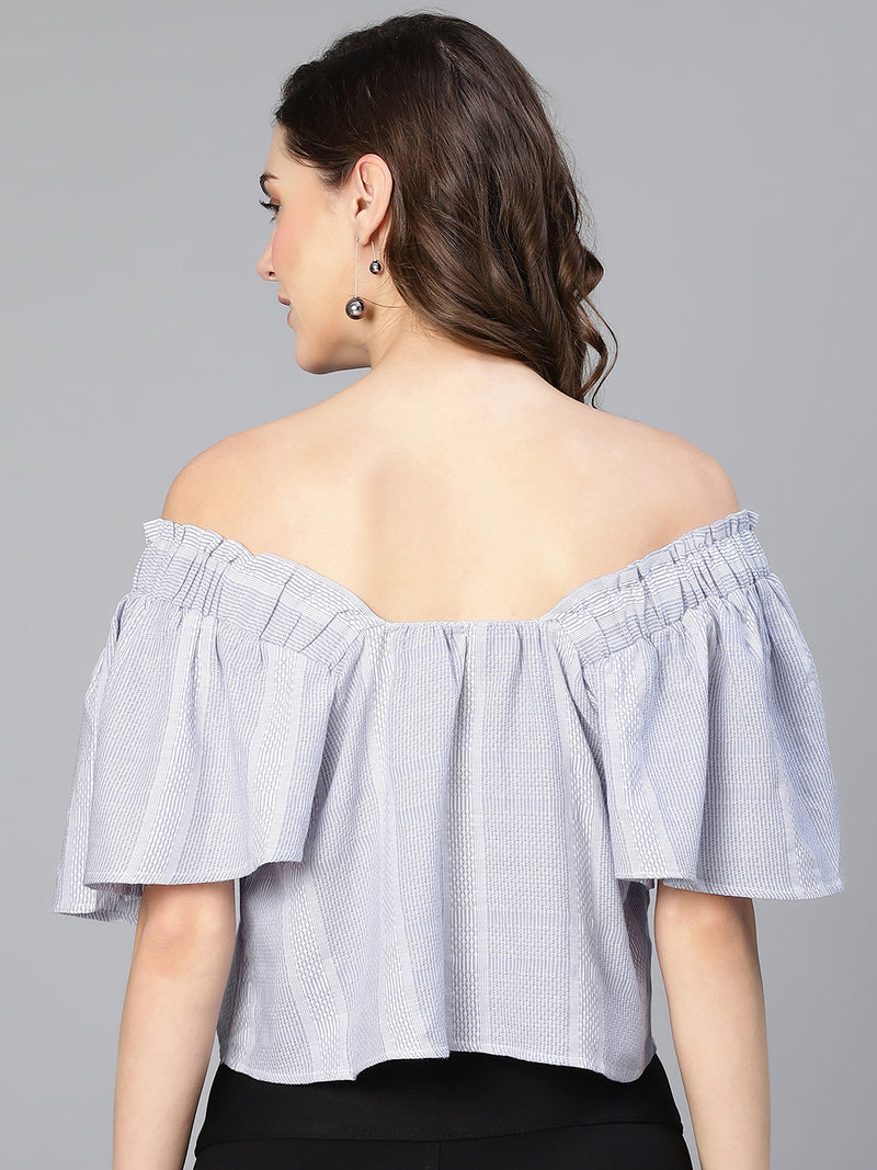 Waved Blue Stripe Print Elasticated Off -Shoulder Women Cotton Top