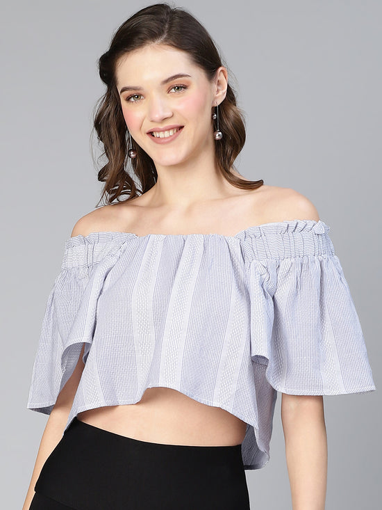 Women blue stripe print elasticated off -shoulder cotton top