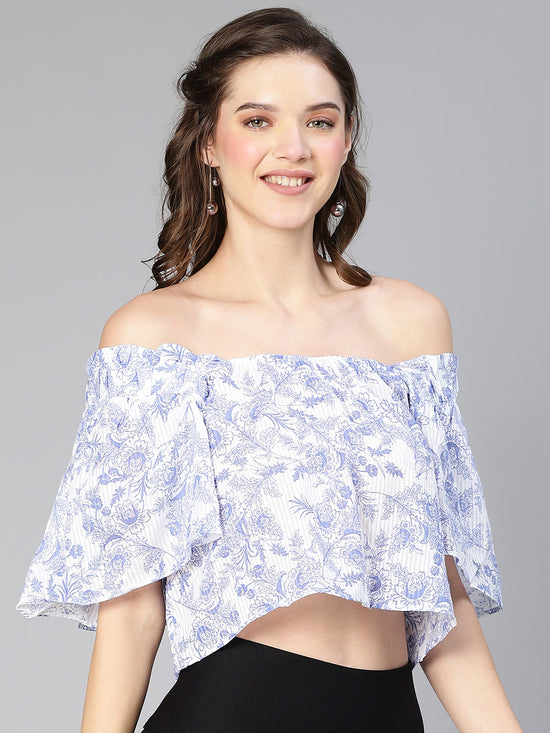 Proper White Floral Print Elasticated Off -Shoulder Women Cotton Top