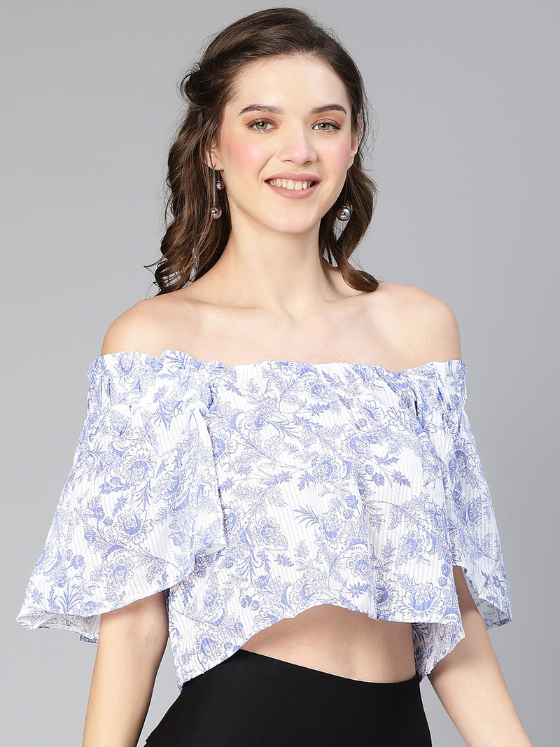 Women white floral print elasticated off -shoulder cotton top